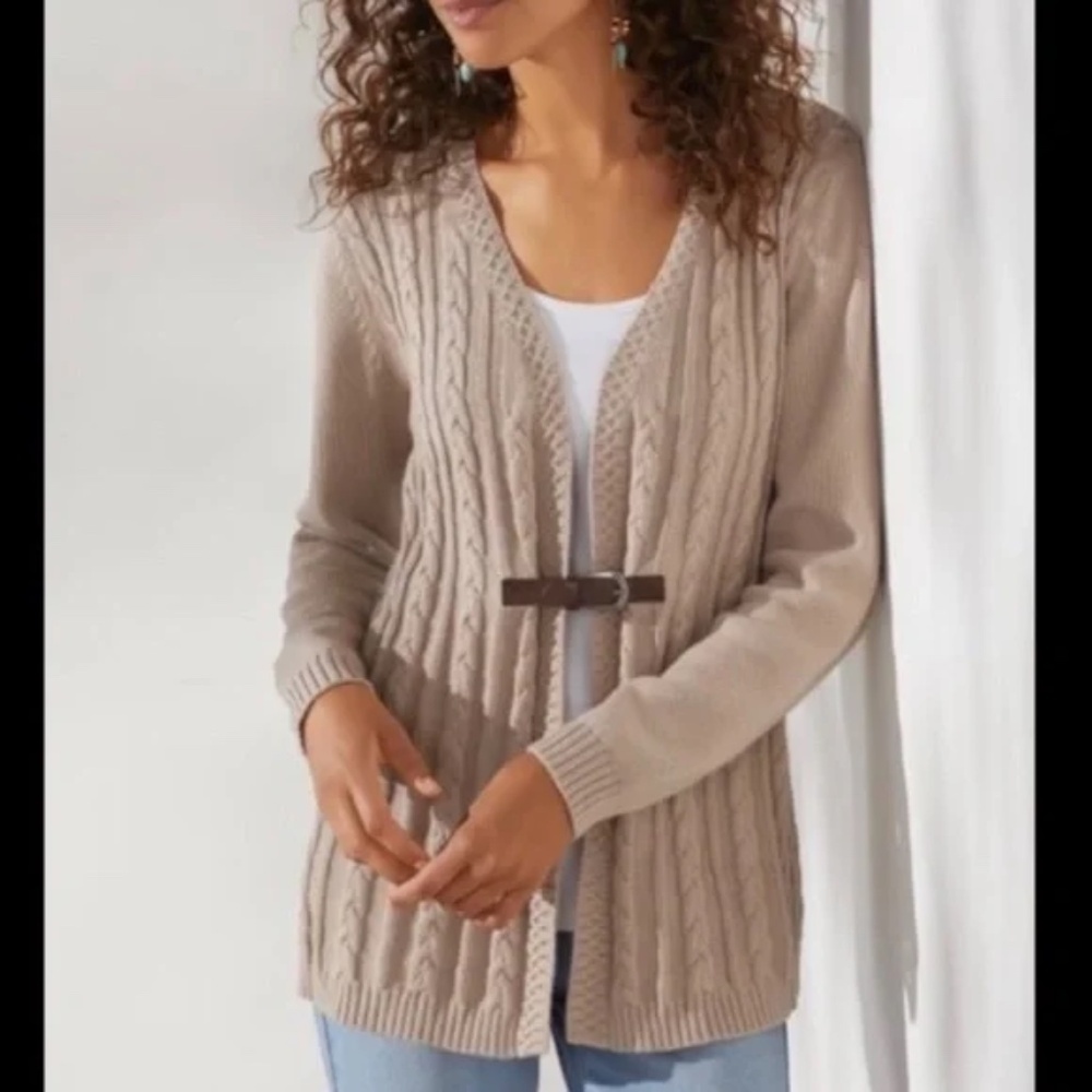 Soft Surroundings Wren Cable Knit Cardigan Sweater Wool Blend Buckle Closure XS